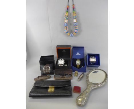 Wristwatches, enamel fronted horse racing entrance medallions, etc. 