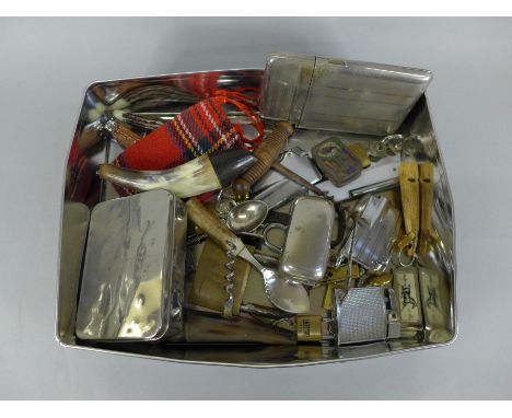 A horn snuff box, various lighters, pen knives, etc. 