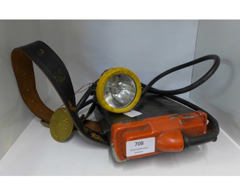A 1960's miner's lamp and an Eccles GR6S brass badge 