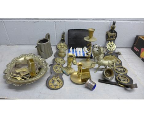 Metalwares; horse brasses, a pair of horses, candlestick, etc. **PLEASE NOTE THIS LOT IS NOT ELIGIBLE FOR POSTING AND PACKING