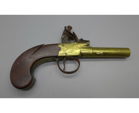 A 19th Century flintlock pistol, indistinctly signed R&amp;W with proof marks, a/f 