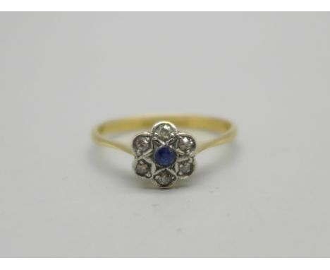 A vintage 9ct gold, sapphire and diamond cluster ring, marked 18, 2.0g, P 