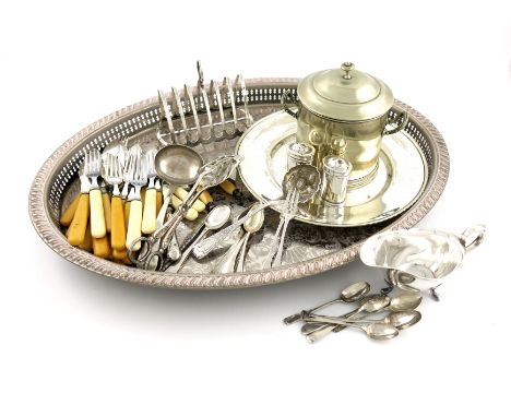 λA mixed lot, comprising silver items: a sugar sifting spoon, London 1832, a seven-bar toast rack, and a pepper pot, two 18th