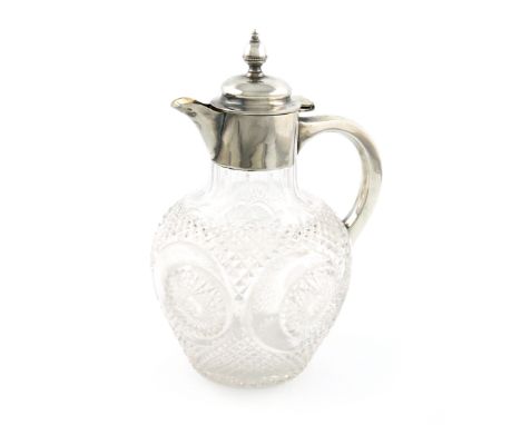 A late-Victorian silver-mounted claret jug, by W W Harrison &amp; Co, Sheffield 1896, baluster hobnail cut glass body, the pl