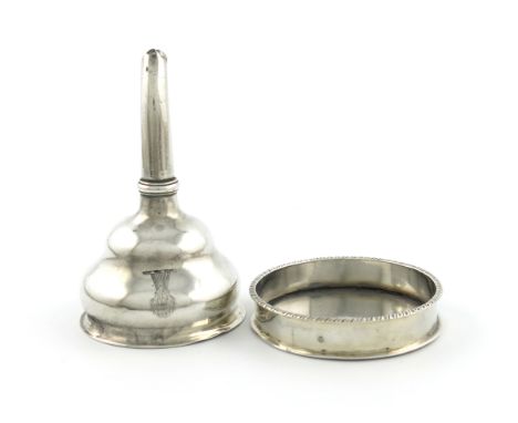 An 18th century silver wine funnel and stand, marks worn, circular form, engraved with a crest, plus an Italian silver stand,