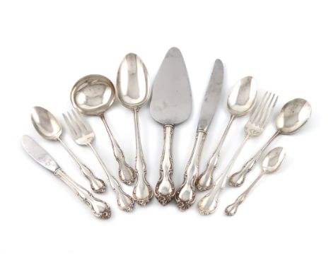 An American silver stylised Victorian pattern part canteen, marked Alvin, Sterling, comprising: twelve dessert forks, eleven 