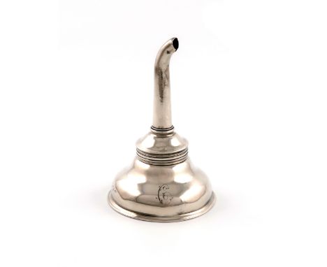 A George III Irish silver wine funnel, by William Bond, Dublin, 1798, circular form, reeded border, engraved with an initial,