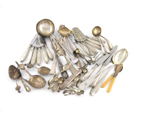 λA mixed lot of Continental and English silver flatware, comprising: three French soup ladles, two basting spoons, a pair of 