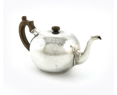 A silver teapot, by Heming and Co, London 1927, circular bullet form, engraved border, flush-hinged cover with a knop finial,