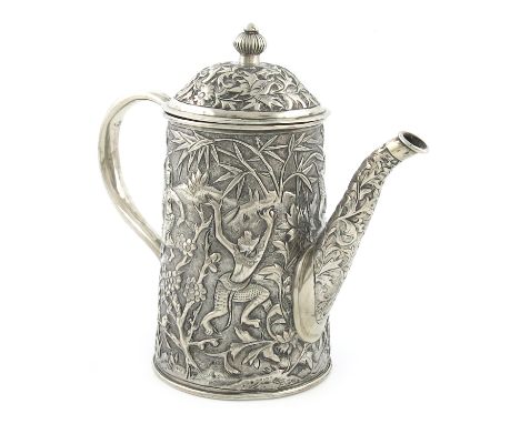 A Chinese silver coffee pot, maker's mark possibly BH, tapering circular form, embossed and chased figural and animal decorat