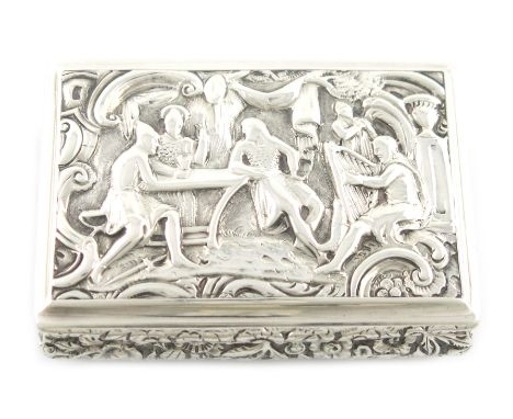 A George III silver snuff box, by Thomas Shaw, Birmingham 1828, rectangular form, the hinged cover with a relief panel of men