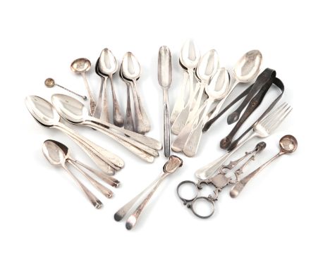 A mixed lot of silver flatware, various dates and makers, comprising: two pairs of Hester Bateman sugar tongs, a pair of suga