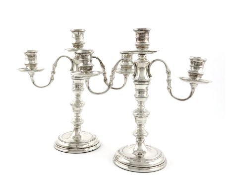 A pair of modern silver three-light candelabra, by J B Chatterley &amp; Sons Ltd, London 1968, the columns of knopped circula