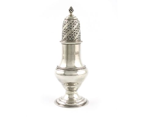 A George III silver sugar caster, by Thomas Watson, London 1784, baluster form, beaded borders, the pull-off cover with a flu