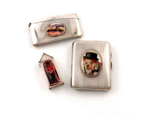 A modern metalware and enamel vesta case, modelled as a sentry box, enamelled with a guardsman, plus a card case with a later