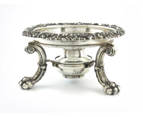 A George III silver kettle stand and burner, by S C Younge &amp; Co, Sheffield 1818, circular form, chased foliate scroll bor