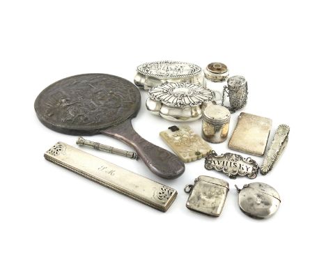 λA mixed lot of silver items, various dates and makers, comprising: two toilet boxes, a card case, two vesta cases, a cigar p