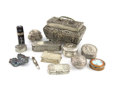 A mixed lot of silver items, comprising: a French silver-gilt and enamel scent bottle, of cylindrical form, decorated with a 