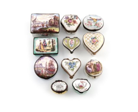 A collection of enamel and porcelain boxes, comprising: an enamel box of rectangular form, the hinged cover with a lady and g