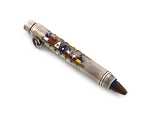 A silver and enamel pencil, by S. Mordan, London 1926, cylindrical drop-down form, with a ring attachment, enamelled with sig