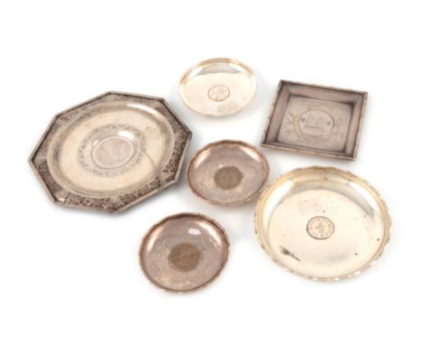 A mixed lot of Chinese silver items, comprising: an octagonal dish, pierced border, plus a square dish set with a coin and fo