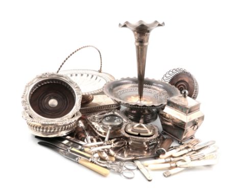 λA mixed lot of old Sheffield plated and electroplated items, comprising: a pair of wine coasters, of circular wire-work form