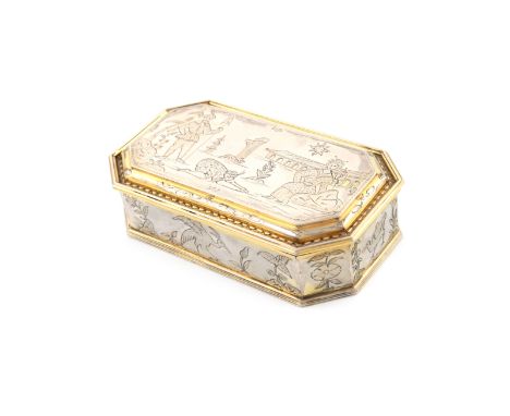 A silver-gilt dressing table box, by R. Comyns, London 1930, rectangular form, canted corners, engraved in the Chinoiserie ma