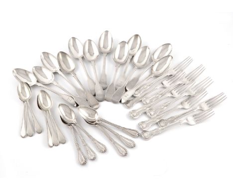 A mixed lot of silver flatware, comprising: a set of six Grecian pattern teaspoons, by George Adams, London 1869, a set of si