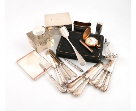 A mixed lot of silver items, various dates and makers, comprising: a cigarette case, an inkwell, a cigarette box, a hip flask