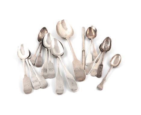 A mixed lot of Scottish and Irish silver flatware, comprising a tablespoon, marked Sterling, six Scottish provincial teaspoon