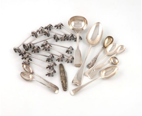 A mixed lot, comprising silver items: a tablespoon, a sauce ladle, three teaspoons, an egg spoon, three condiment spoons, plu