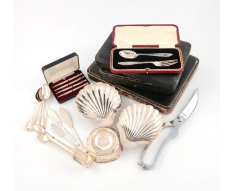 λA mixed lot of silver and electroplated items, comprising silver items: a pair of Victorian sugar tongs, by George Unite, Bi