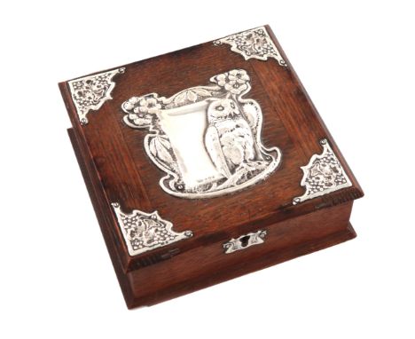 An Edwardian silver-mounted oak jewellery box, by J Aitkin &amp; Son, Birmingham 1904, square form, the hinged cover applied 