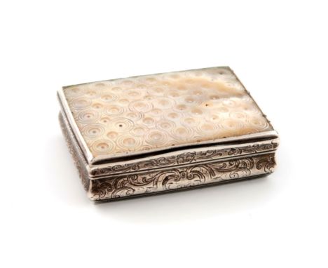 A late 18th / early 19th century silver and mother-of-pearl snuff box, unmarked, rectangular form, chased sides, the cover an