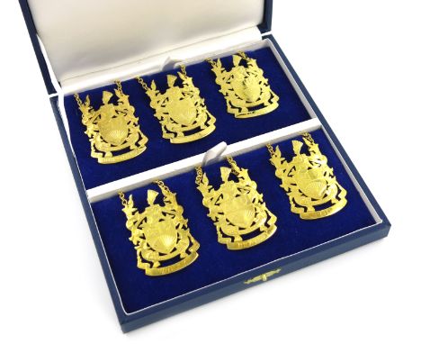 A set of six modern silver-gilt wine labels, The Worshipful Company of Fan Makers, by Wyard Druitt &amp; Co Ltd, (Michael Dru