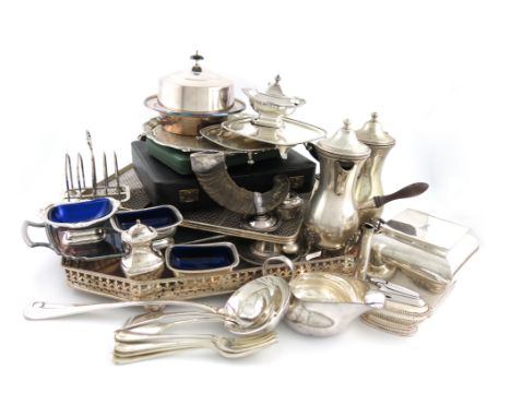 A mixed lot of electroplated items, comprising: a sandwich tray by Asprey, a gallery tray, a mesh tray, a caddy, a pair of ca