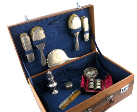 A mixed lot of silver items, comprising: an Edwardian sugar caster, London 1903, a swing-handled basket, a circular pin box, 