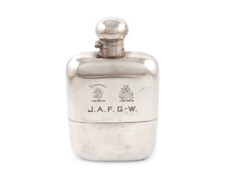 A large silver hip flask, by James Dixon and Sons, Sheffield 1910, rounded rectangular form, bayonet fitting hinged cover, pu