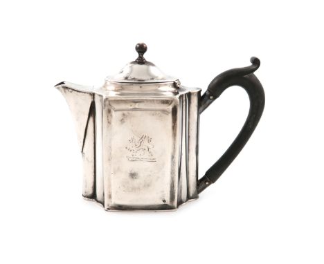 A George III silver hot milk pot, by Naphthali Hart, London 1798, shaped rectangular form, scroll handle, domed hinged cover 