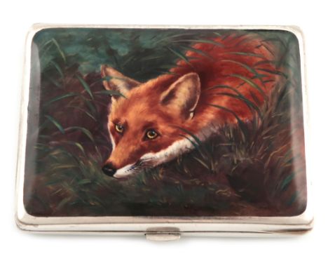 An electroplated and enamel cigarette case, marked Alpacca, rectangular form, the cover with a scene of a fox, length 9.3cm.