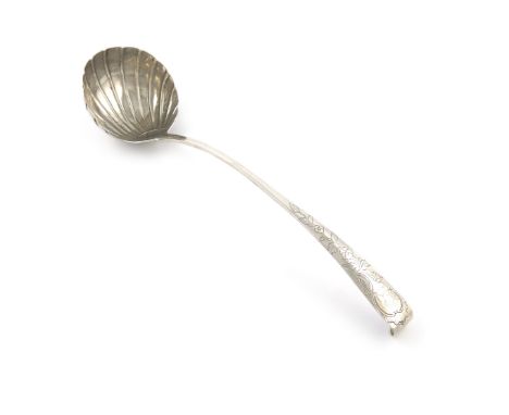 A George III Irish silver hook-end soup ladle, maker's mark worn, Dublin 1777, circular fluted shell bowl, the handle with ch