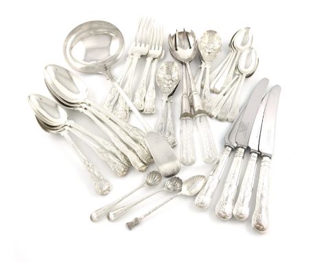 A mixed lot of flatware, comprising silver items: three tablespoons, two table forks, two dessert forks, two dessert spoons, 