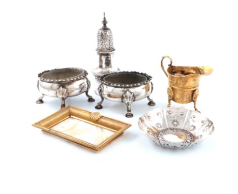 A mixed lot, comprising silver items: a pair of George III salt cellars, by Robert and David Hennell, London 1765, oval form,