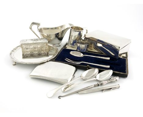 A mixed lot of silver items, various dates and makers, comprising: a small waiter, Sheffield 1928, inscribed, a sauce boat, a