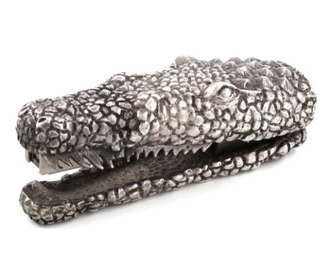 A modern novelty silver crocodile stapler, by Richard Comyns, London 1992, modelled as a crocodile's head and jaws, steel int