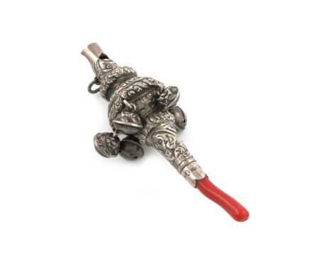 λA George IV silver baby's rattle, teether and whistle, by Unite &amp; Hilliard, Birmingham 1828, baluster form, chased folia