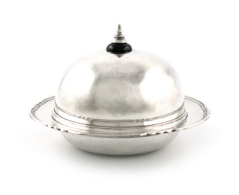 A silver muffin dish and cover, by The Goldsmiths and Silversmiths Company, London 1933, circular form, with an Art Deco bord