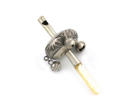 A Chinese silver baby's rattle and whistle, by S.Co, circa 1920, circular form, chased with bamboo decoration on a matted bac