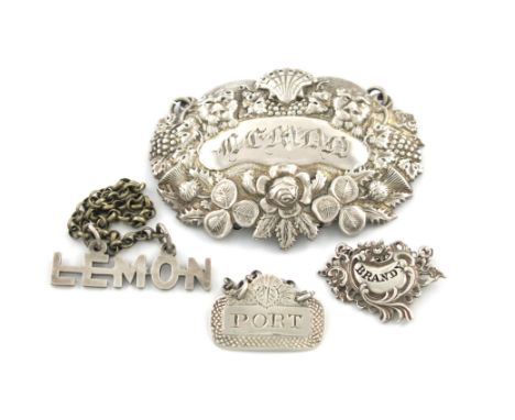 A small collection of four antique silver and electroplated labels, comprising: a miniature 'cut-out letters' label 'LEMON', 