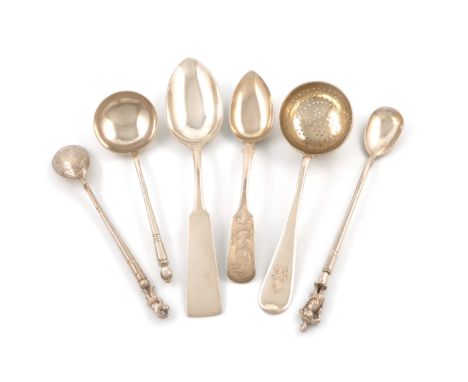 A small collection of Russian silver flatware, various dates adn makers, comprising: a sifting spoon with a pierced circular 